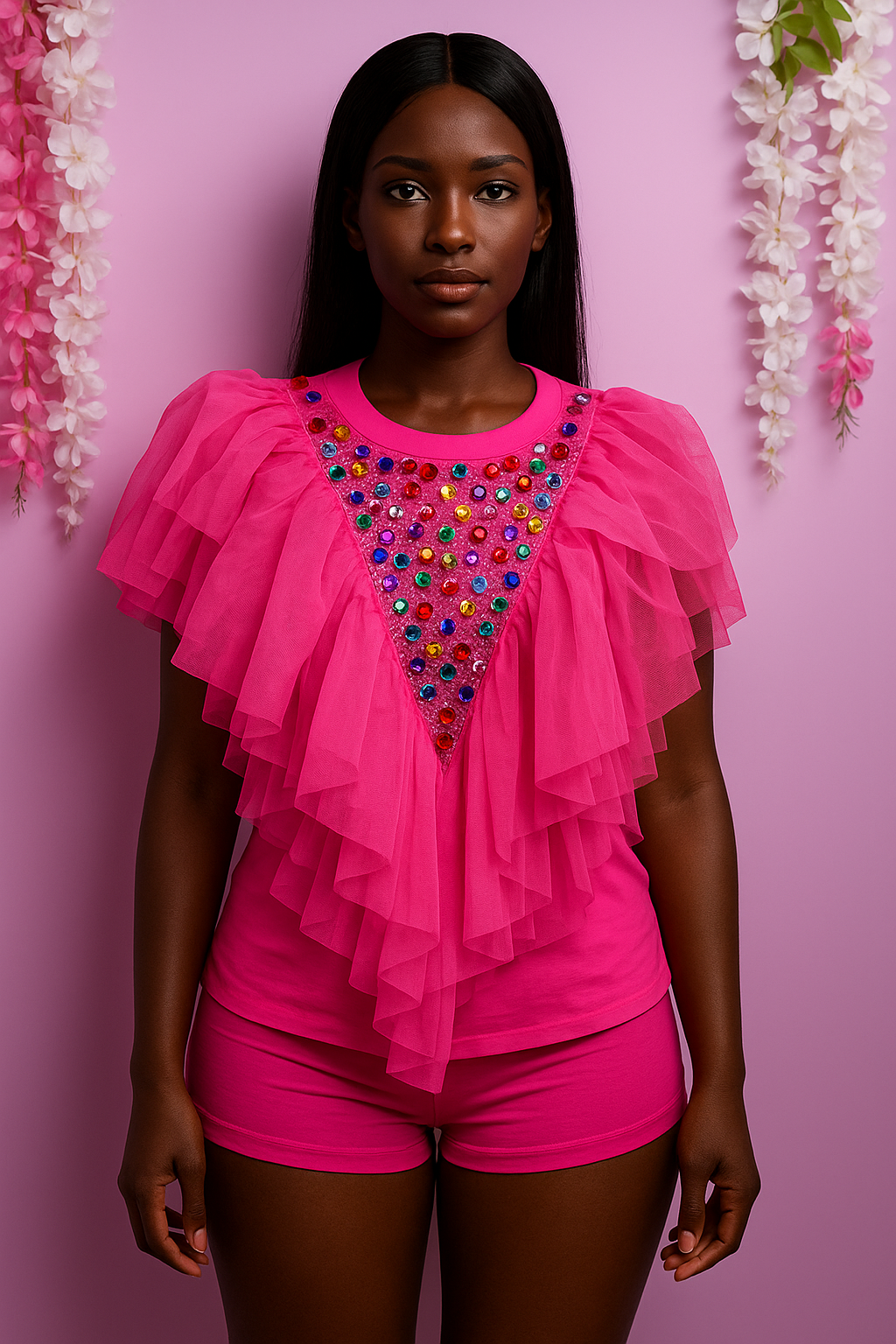Pink Ruffle Top With Colorful