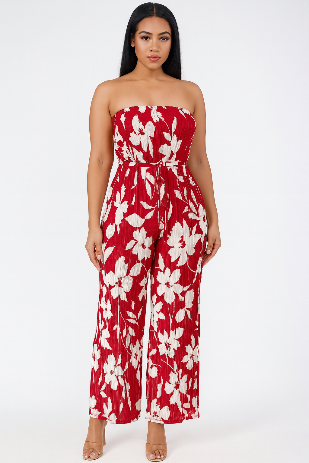 Red Floral Wide Leg Strapless Jumpsuit